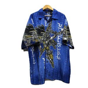 Vintage Odo Blue Anime Hawaiian Button Up Mens Large Korean Omegamon Omnimon